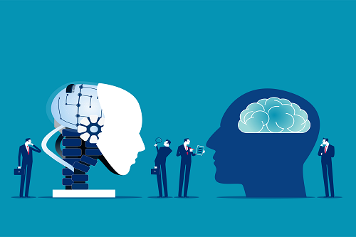 AI (robotic head) with human thinking (brain in human head)